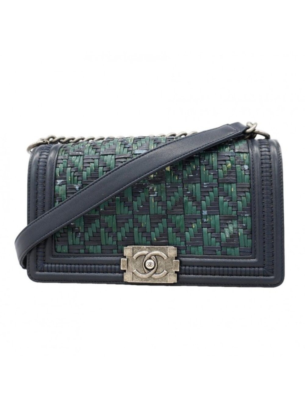 Chanel Shoulder Bag Boy Leather Navy Green Silver